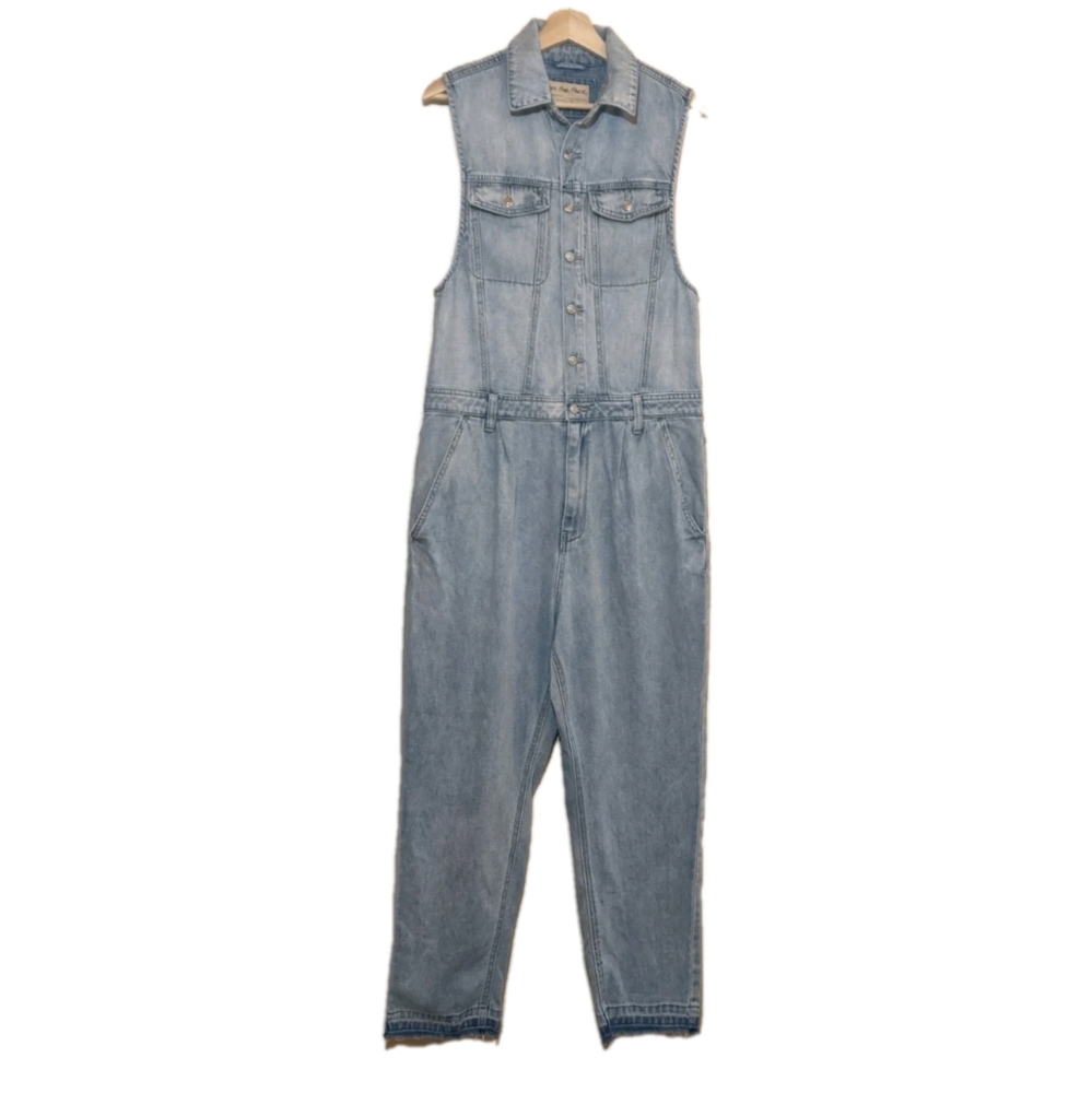 Free People Blue Denim Jumpsuit Boiler Utility Suit Sleeveless Medium Cowgirl